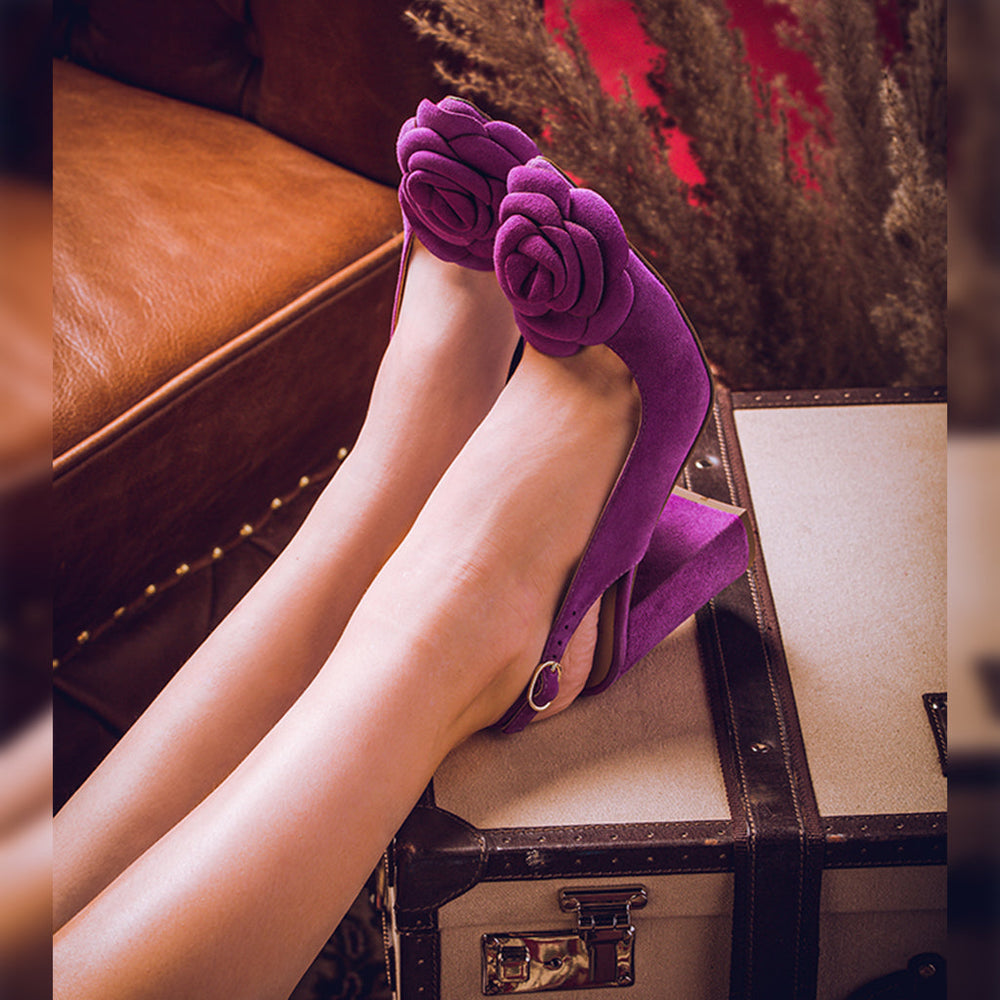 purple suede leather block heel pump