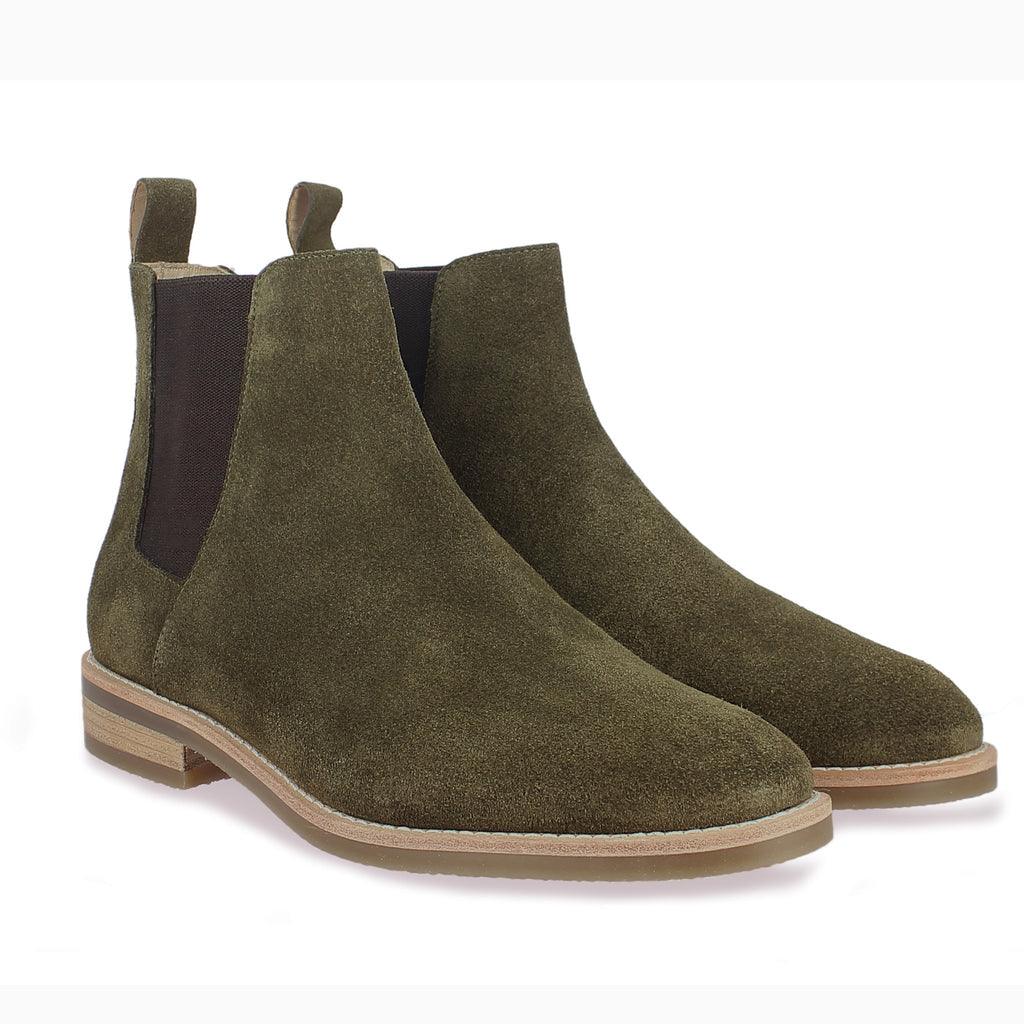 Saint Grimoald  Olive Suede Chelsea boot - side pair angle view SaintG UK