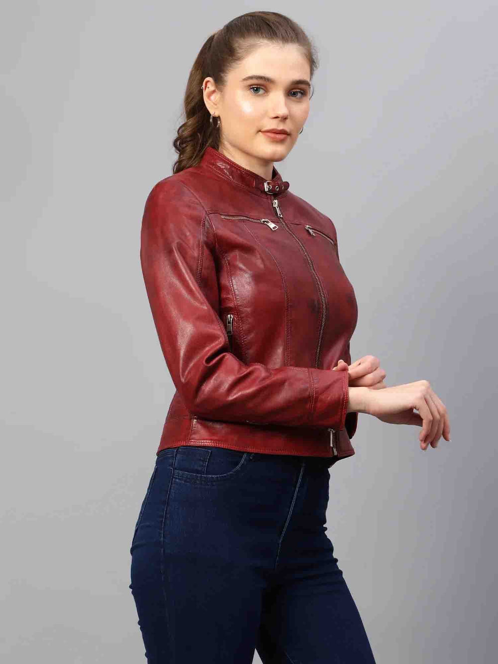 Saint Edwina Cafe Racer in Burgundy - Elevate your fashion game with this leather jacket for a chic look.