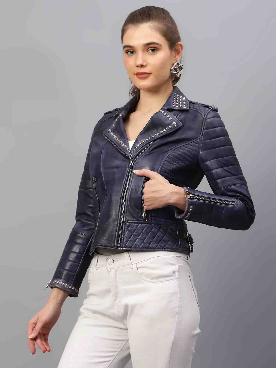 Blue Leather Biker Jacket by Saint Brielle - Elevate your style with this trendy fashion essential