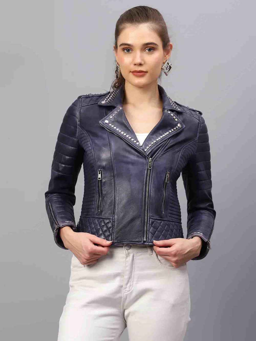 Blue Leather Biker Jacket by Saint Brielle - Elevate your style with this trendy fashion essential