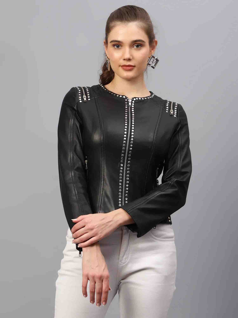 Make a statement with the Saint Bethany Studded Leather Jacket - a must-have in your wardrobe