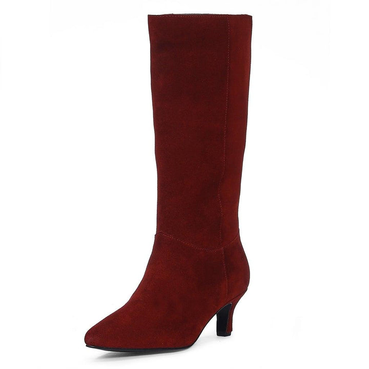 Saint Cecilia Maroon Suede Leather Kitten Heel Calf Boots - SaintG UK