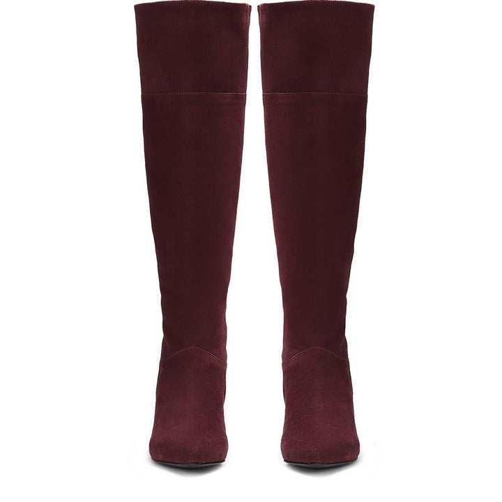 Saint Bellerose Maroon Suede Kitten Heel Knee High Boots - SaintG UK