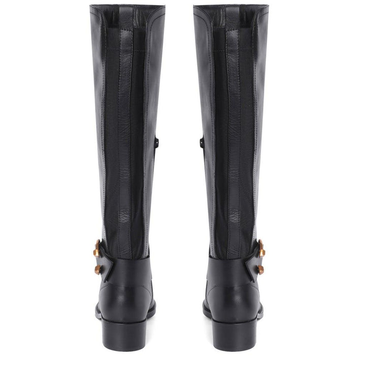 Saint Marisa Gold Color Buckle Wrap Strap Decorative Black Leather Knee high Boots - SaintG UK