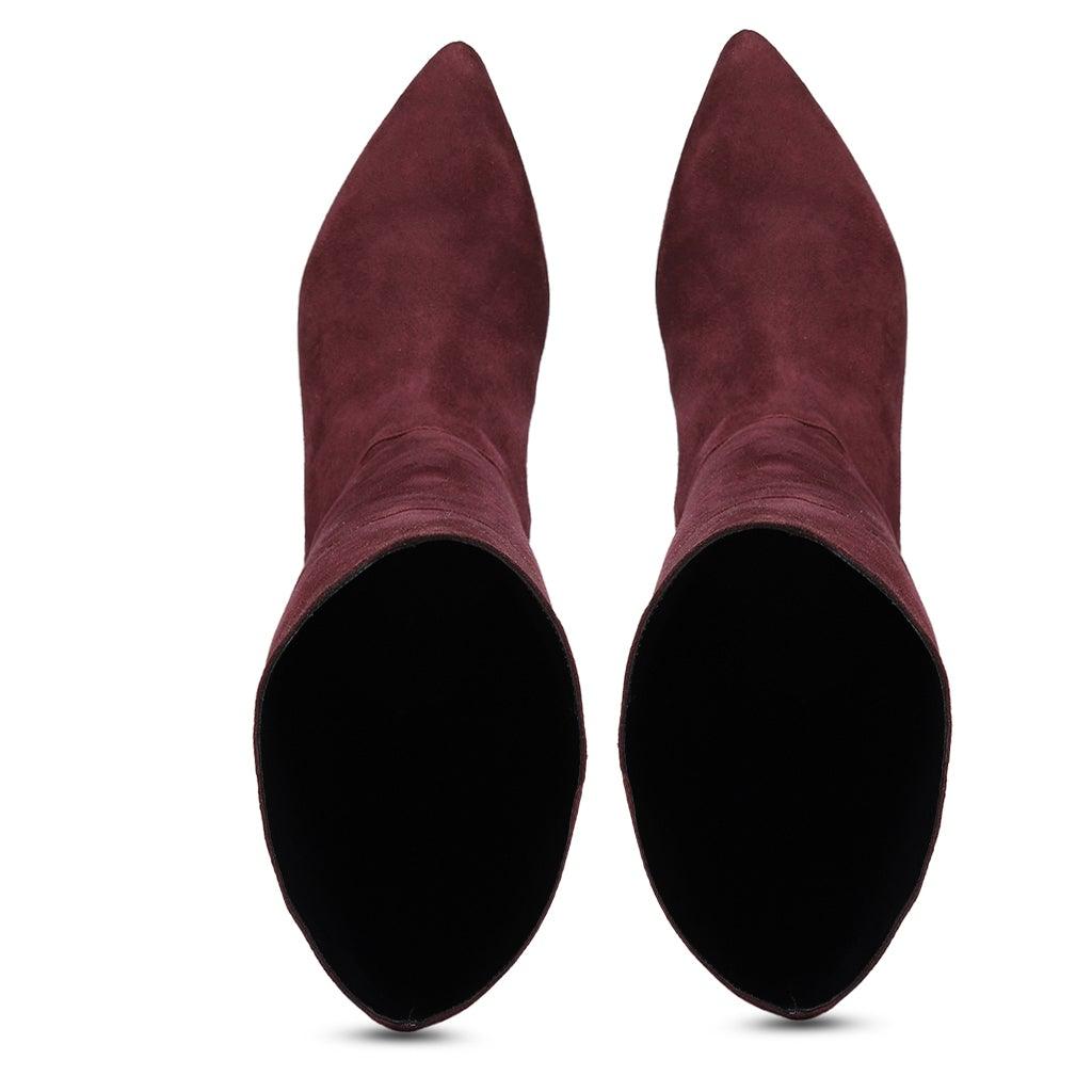 Saint Bellerose Maroon Suede Kitten Heel Knee High Boots - SaintG UK