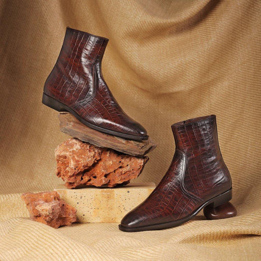 Saint Umberto Brown Croco Embossed Two Color Toned Leather Boot With Set - SaintG UK