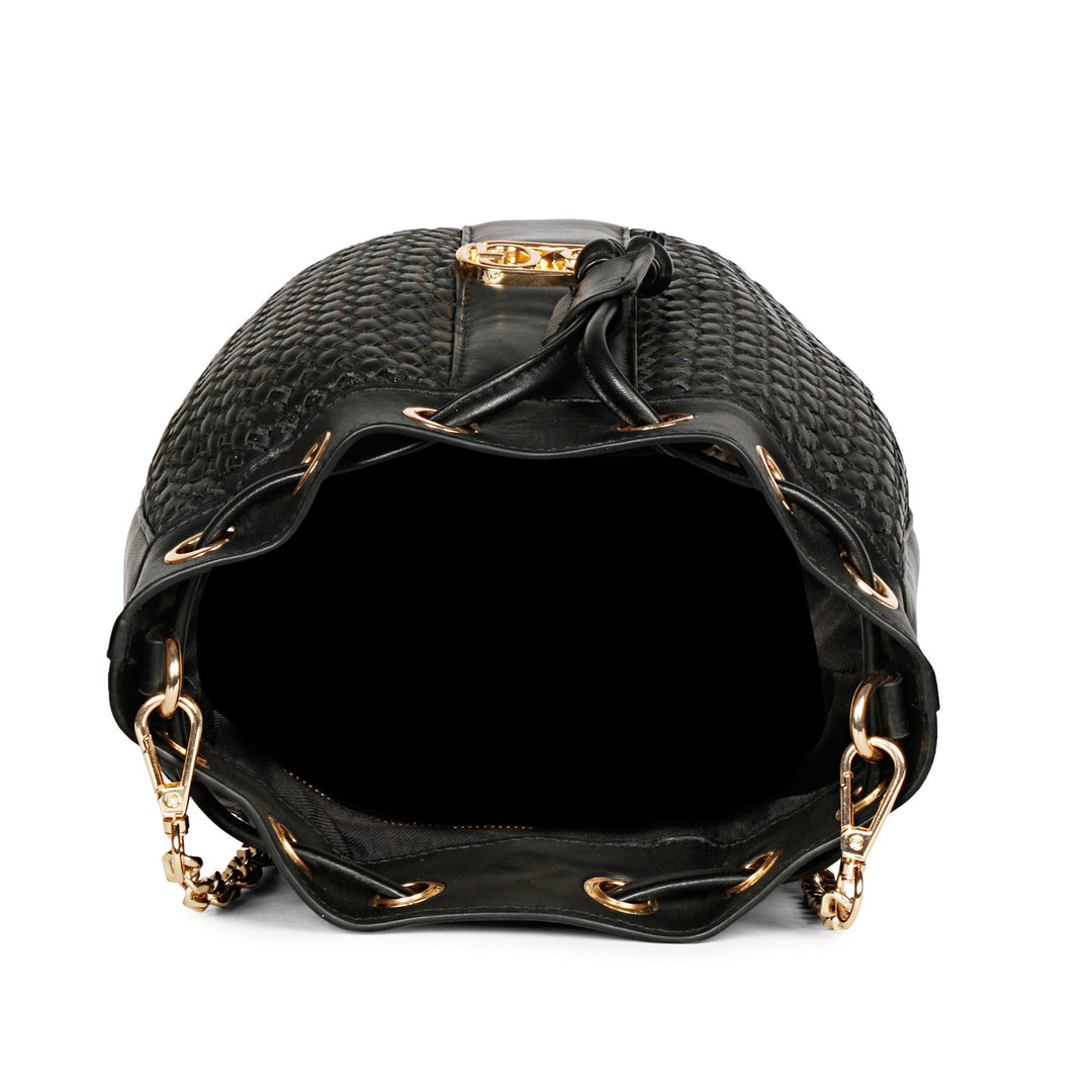 Halsey Black Hand Woven Leather Bucket Bag