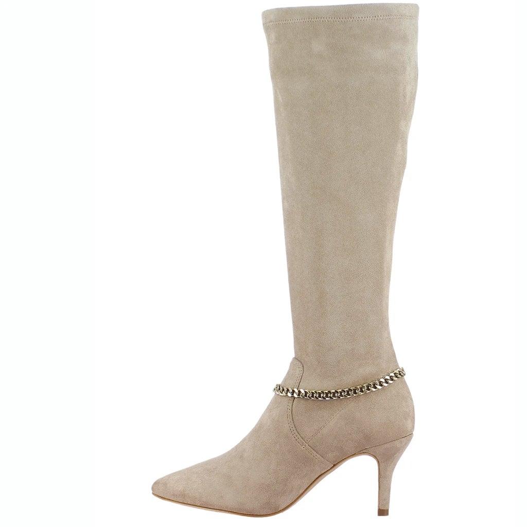 Saint Idalia Taupe Stretch Suede Golden Chain Knee High Long Boots - SaintG UK