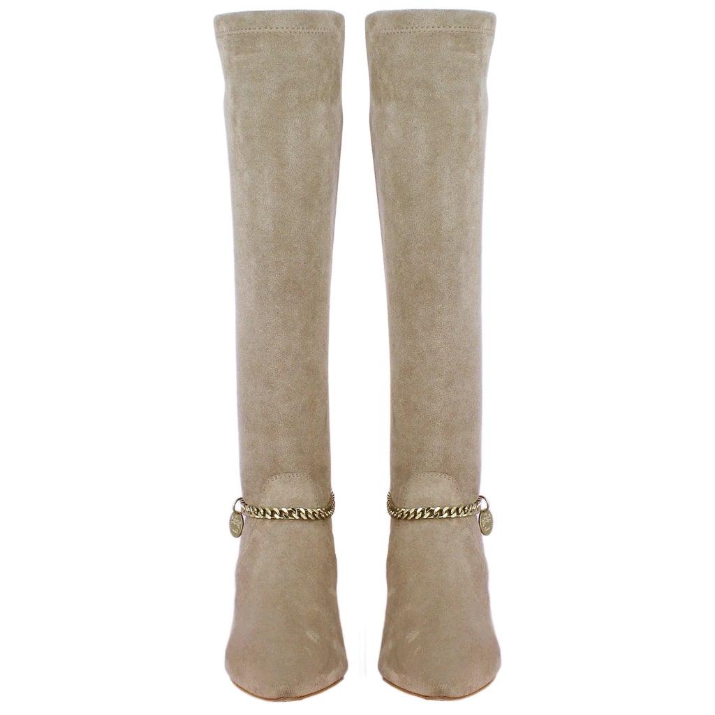 Saint Idalia Taupe Stretch Suede Golden Chain Knee High Long Boots - SaintG UK