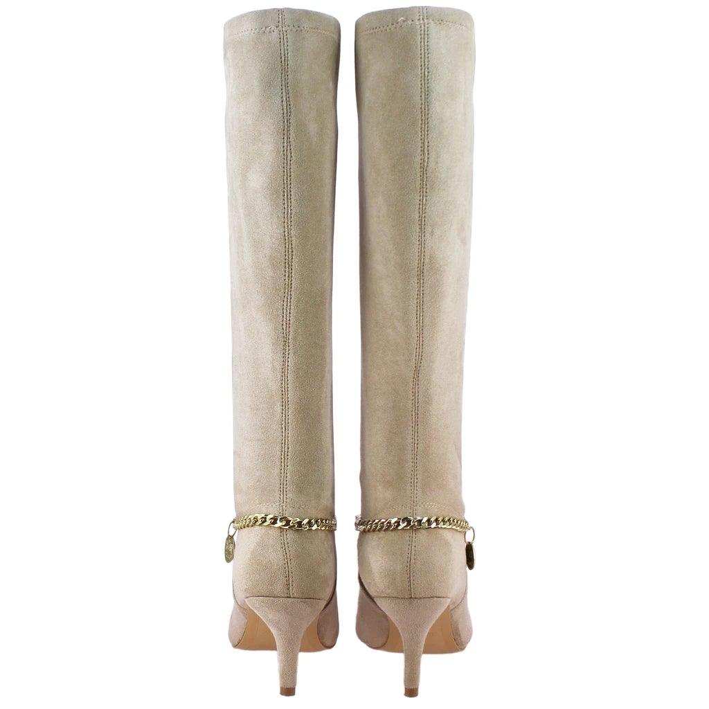 Saint Idalia Taupe Stretch Suede Golden Chain Knee High Long Boots - SaintG UK