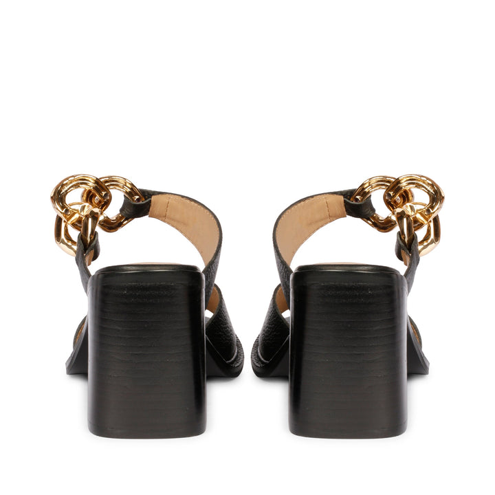 Gold Chain Embellished Black Leather Block Heels