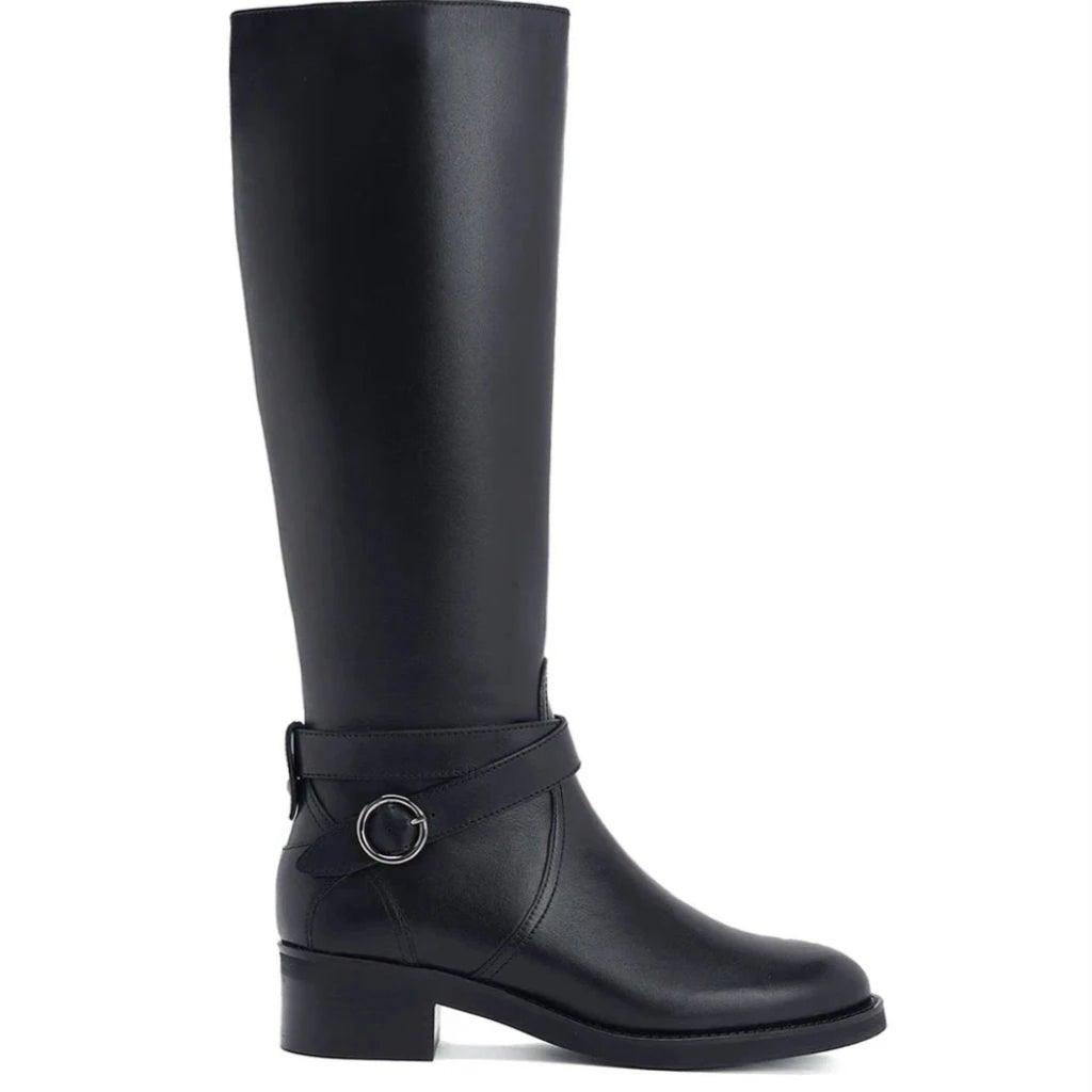 Saint Hermione Buckle Wrap Strap Decorative Black Leather Knee High Boots - SaintG UK