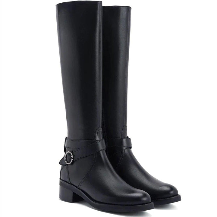 Saint Hermione Buckle Wrap Strap Decorative Black Leather Knee High Boots - SaintG UK