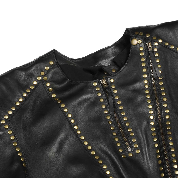 Saint Metal Studded Fringed Leather Short Jacket