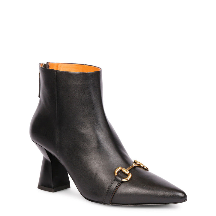 Saint Ashley Black Leather Gold Horsebit Décor Back Zip Boots