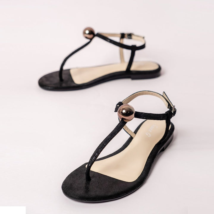 Saint Ventana Metal Ball Embellished Metallic Black Leather Flat