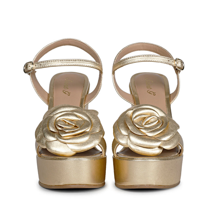 Gold Metallic Leather Floral Wedge Heels