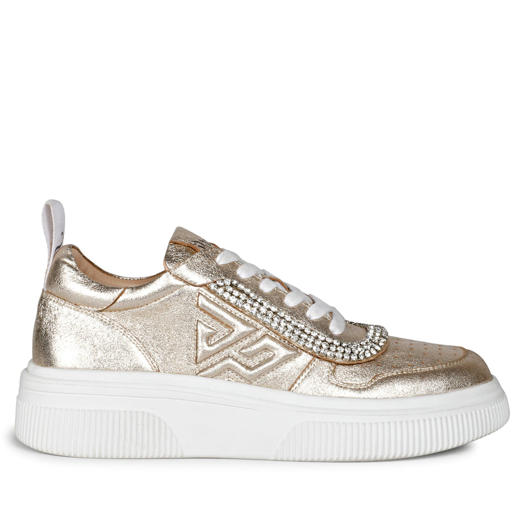 Stone Embroidered Gold Metallic Leather Sneakers Womens