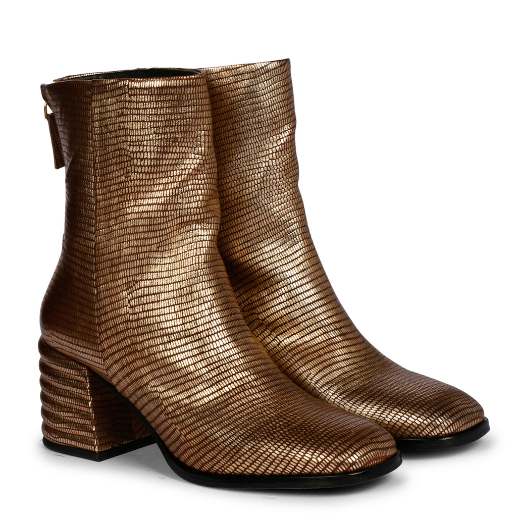 Saint Joanna Platin Metallic Lizard Print Leather High Ankle Boots