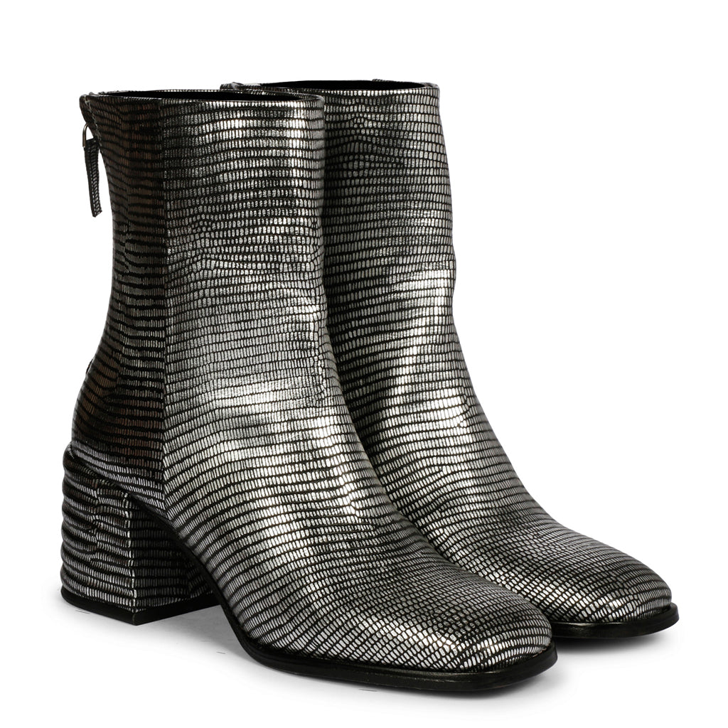 Saint Joanna Pewter Metallic Lizard Print Leather High Ankle Boots