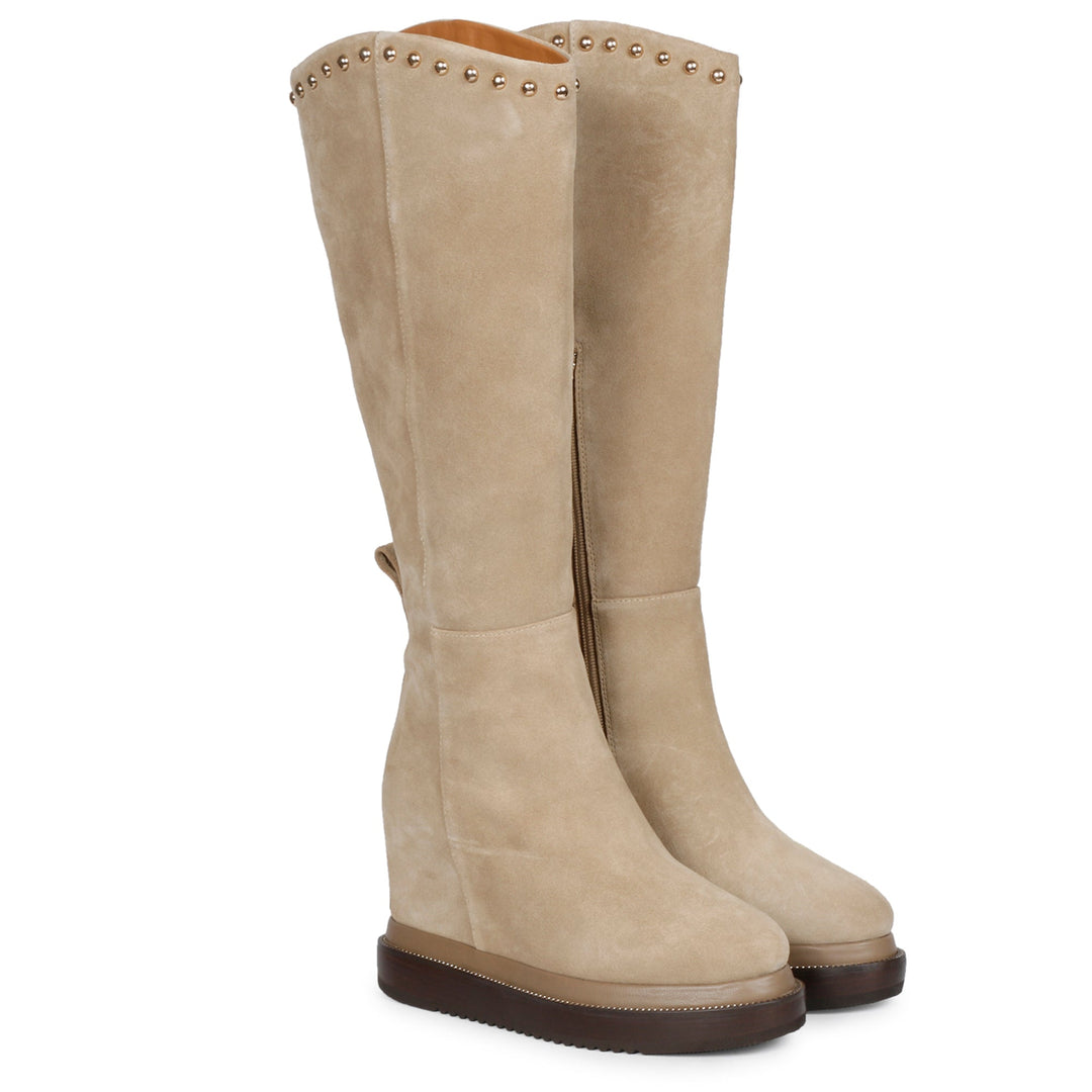 Ivory suede wedge long boots for women, front angled view