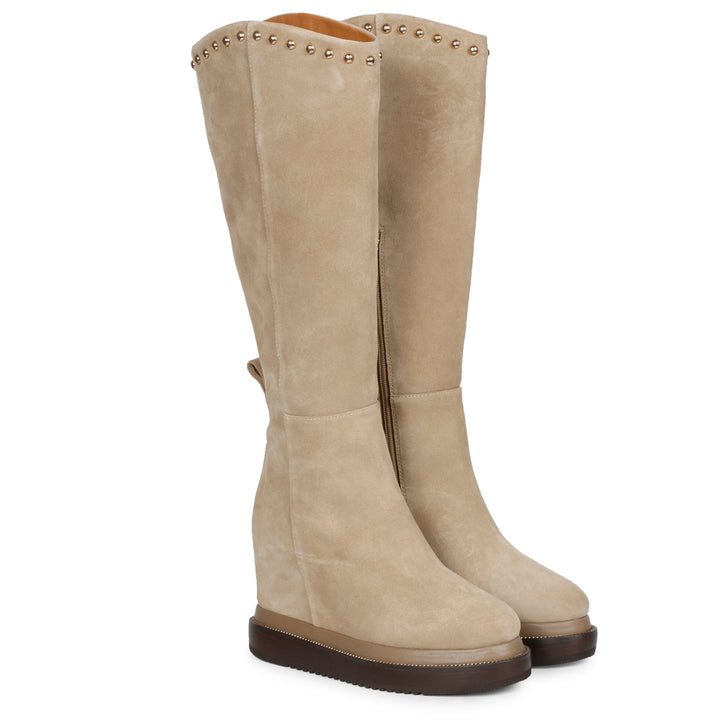 Ivory suede wedge long boots for women, front angled view