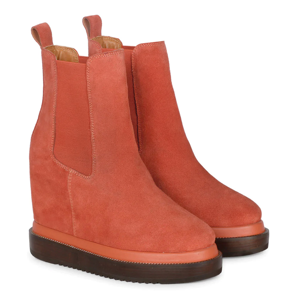 Pair of ladies tan leather wedge ankle boots, front view