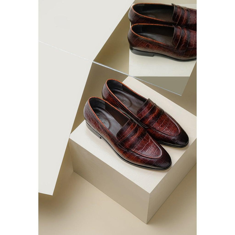 Saint Ansprand  Brown Croco Leather Embossed Loafers - SaintG UK