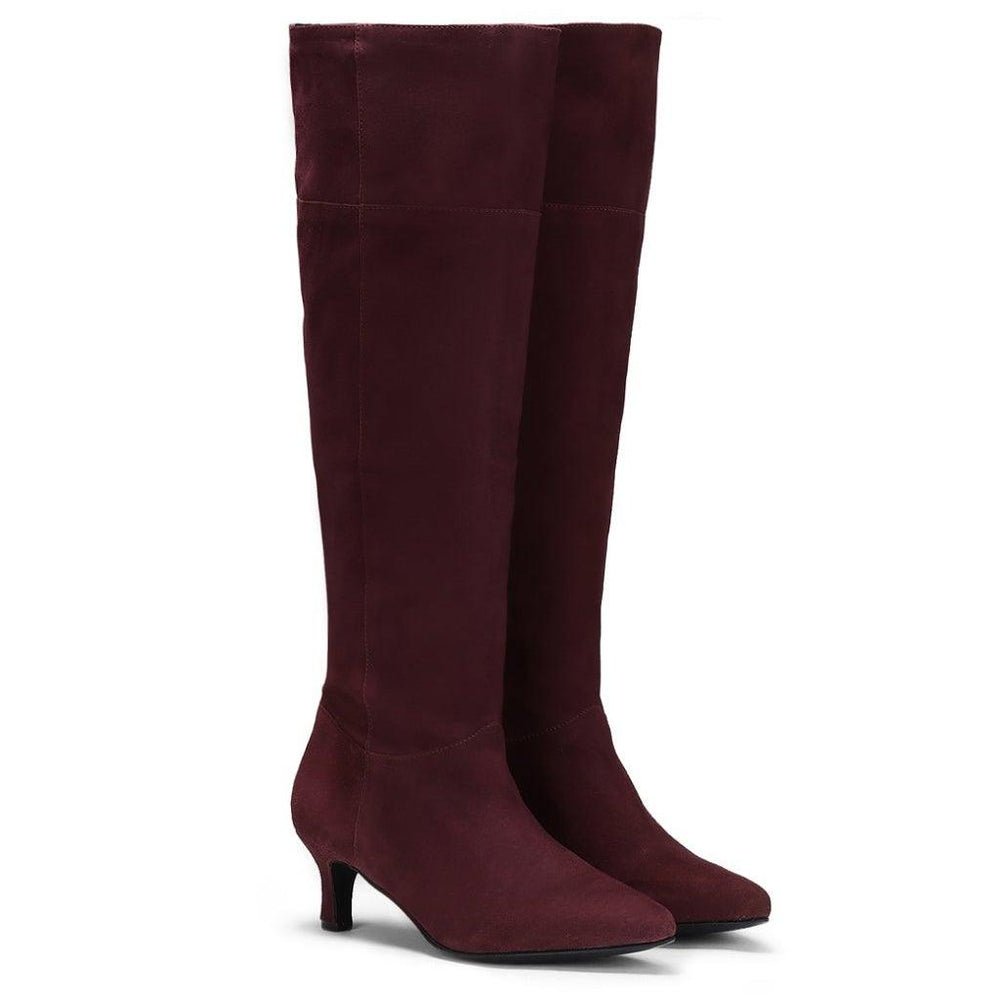 Saint Bellerose Maroon Suede Kitten Heel Knee High Boots - SaintG UK