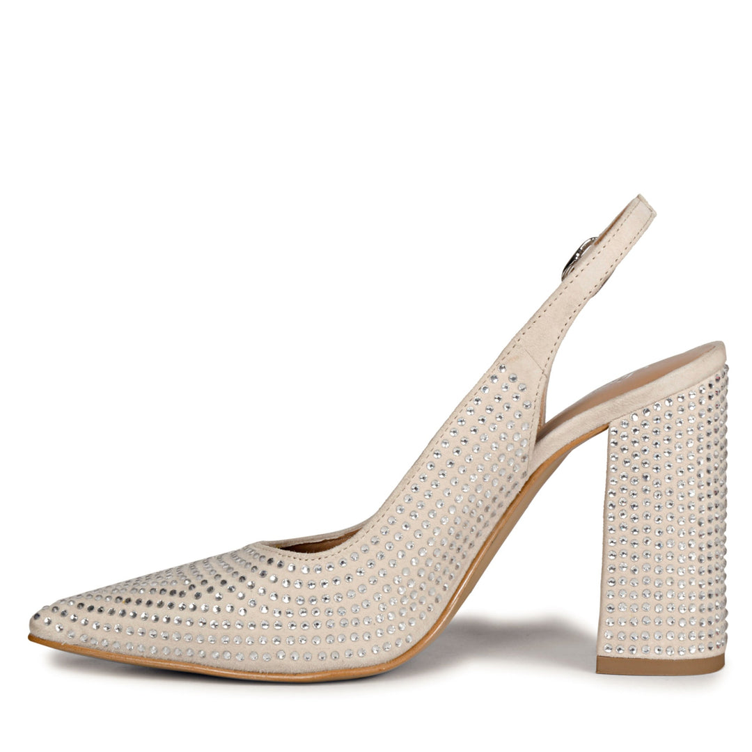 Crystal Embellishes Off White Leather Heels