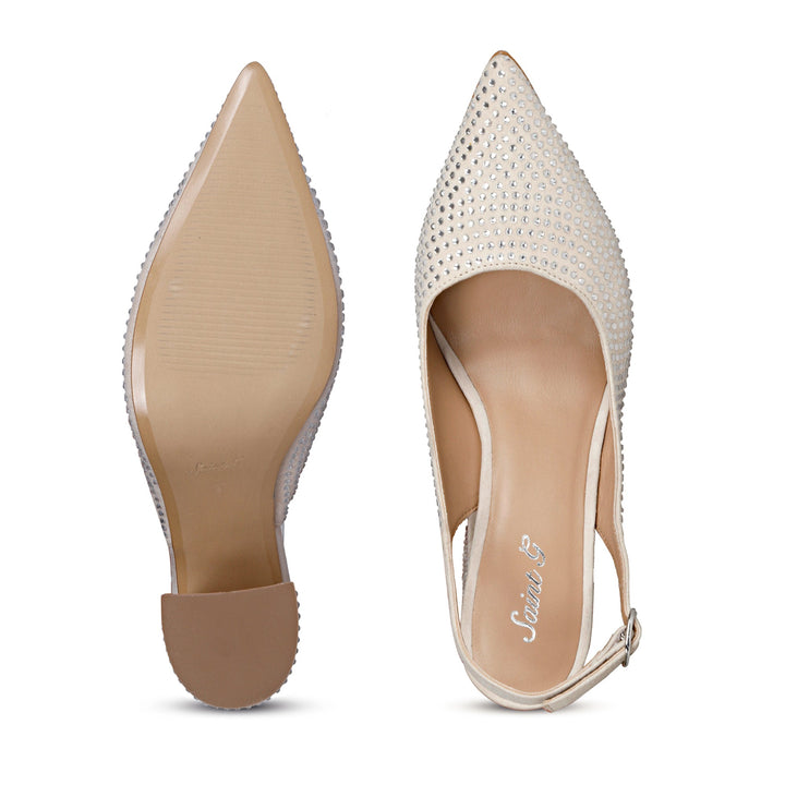 Crystal Embellishes Off White Leather Heels