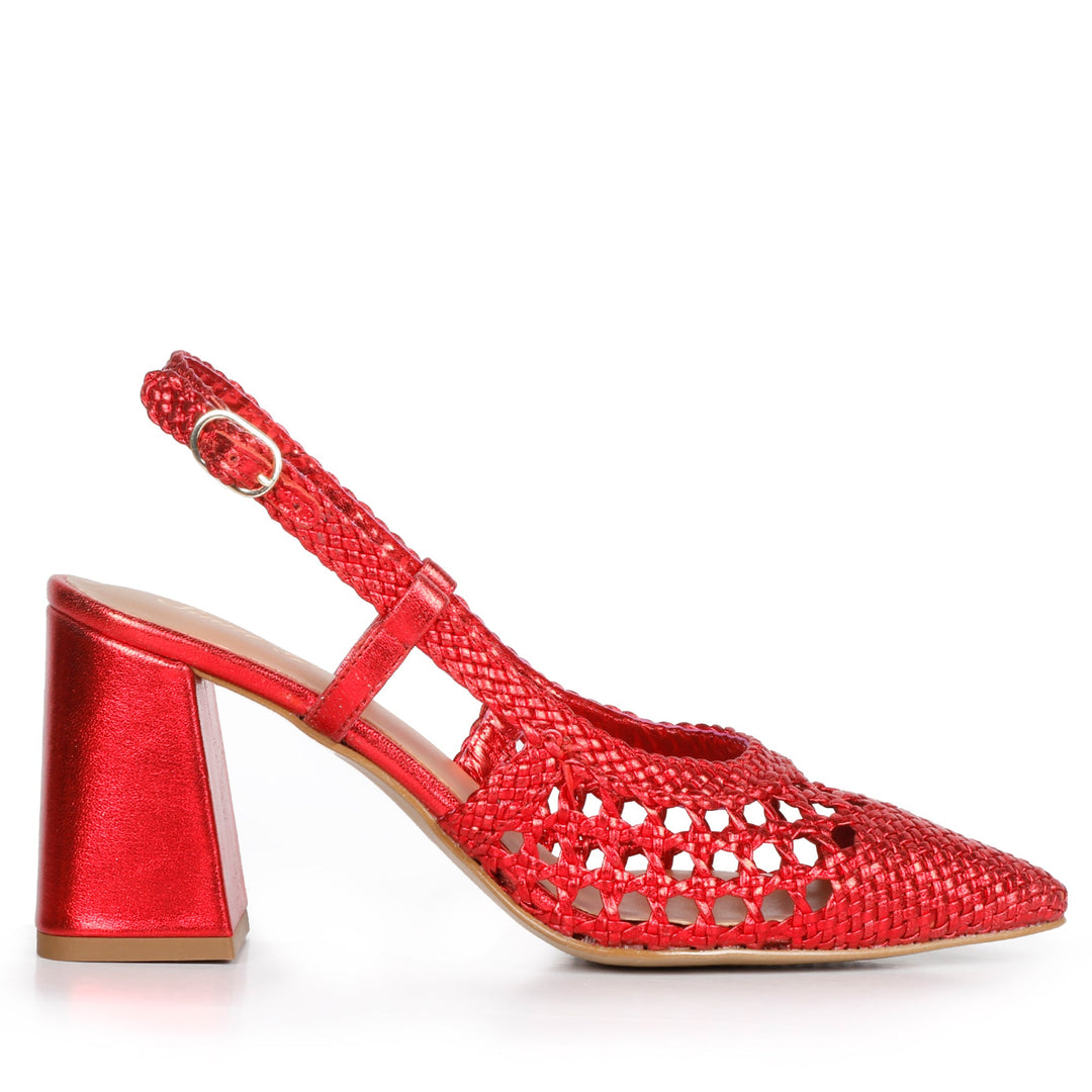 Red Metallic Hand Woven Leather Block Heels