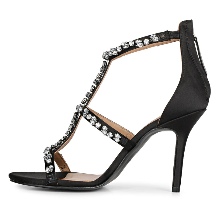 Embellished Black Strappy Leather Stilettos Heels