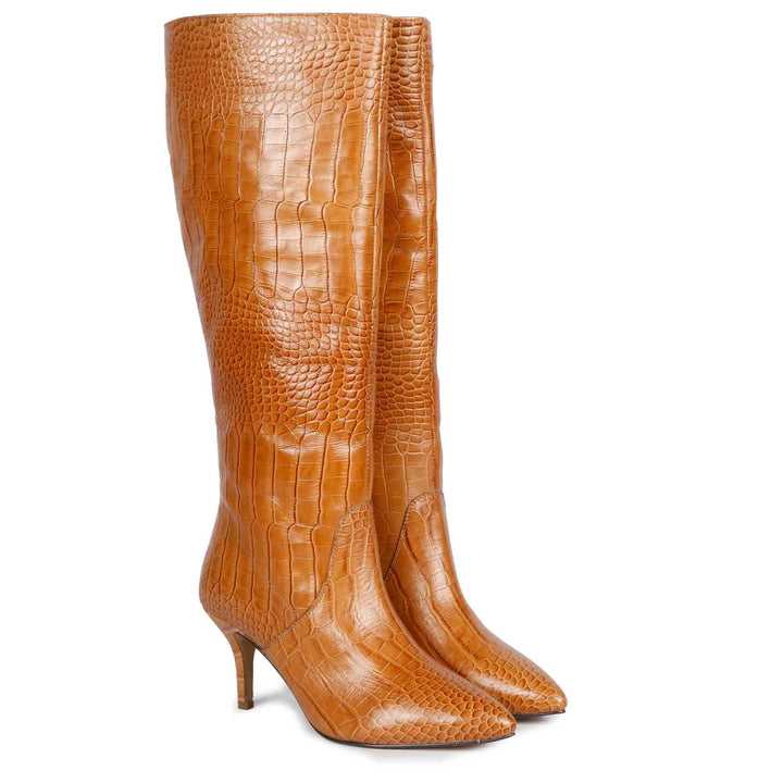 Saint Adella Croco Embossed Cuoio Leather Long Boots