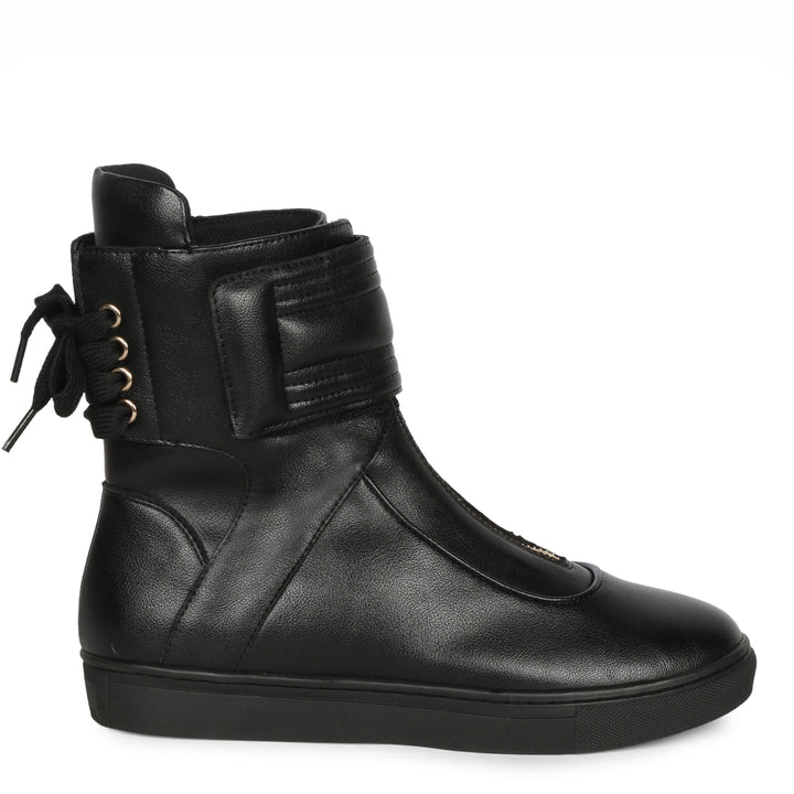 Saint Gabriella Black Leather Front Zipper Round Toe Heel Boots