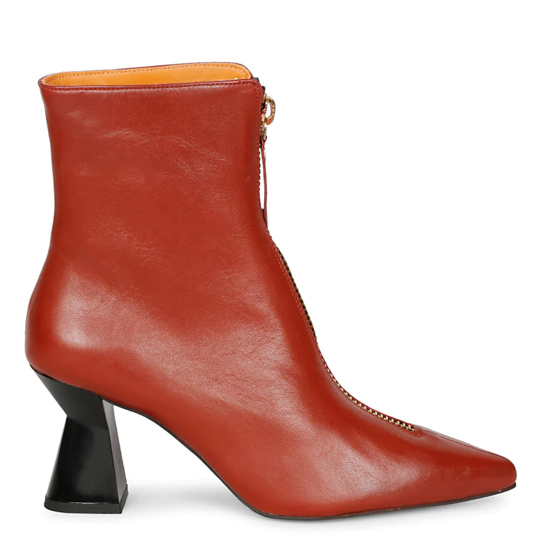Saint Rose Rust Leather Front Zipper Pointed Toe Heel Boots