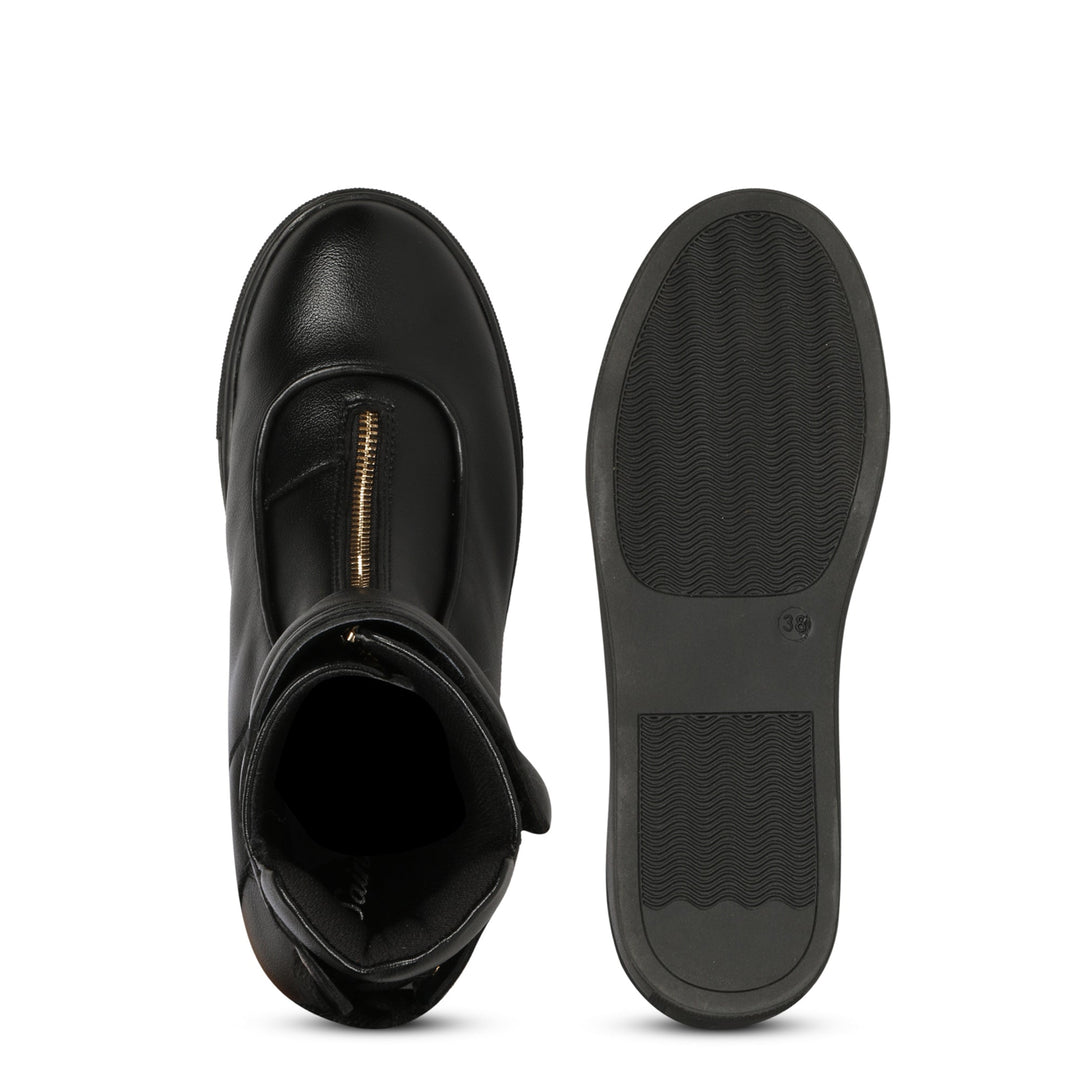 Saint Gabriella Black Leather Front Zipper Round Toe Heel Boots