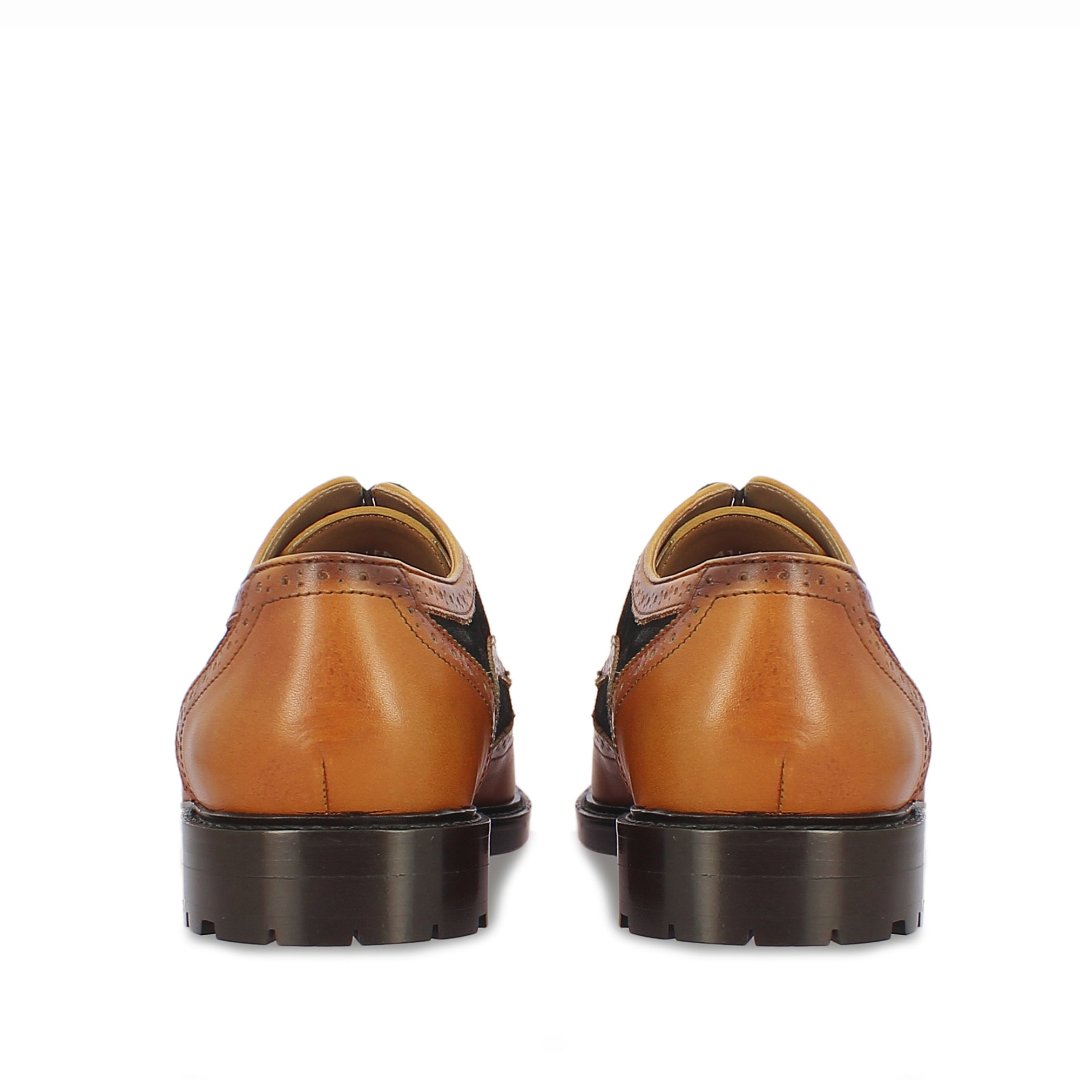 Tan and Black Leather Lace-Up Brogue for Men, Back View - Handcrafted UK
