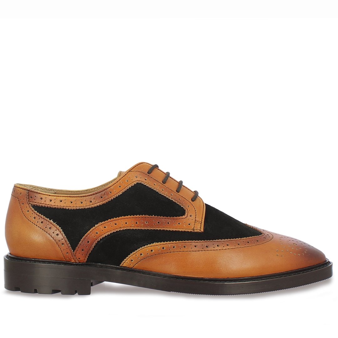 Best Men's Tan and Black Two-Tone Leather Brogue - Side View, Handcrafted UK