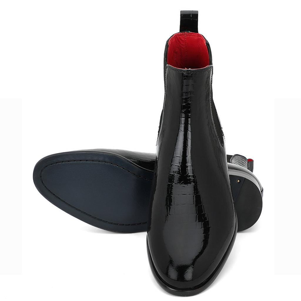 Saint Eadred designer chelsea boots men black croco patent – angle view
