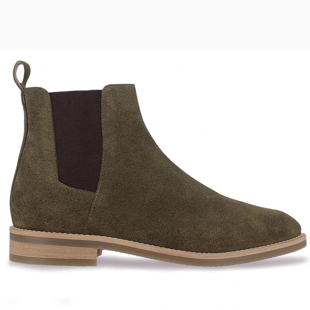 Saint Grimoald  Olive Suede Chelsea boot - Side angle view SaintG UK