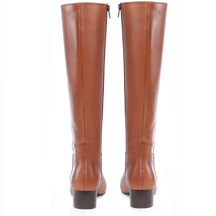 Saint Ivanna tan leather knee high boots, back pair view showing block heel