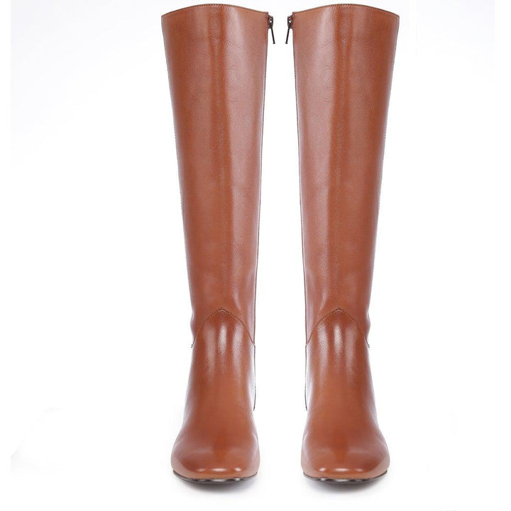 Women's tan leather knee high boots, front pair view