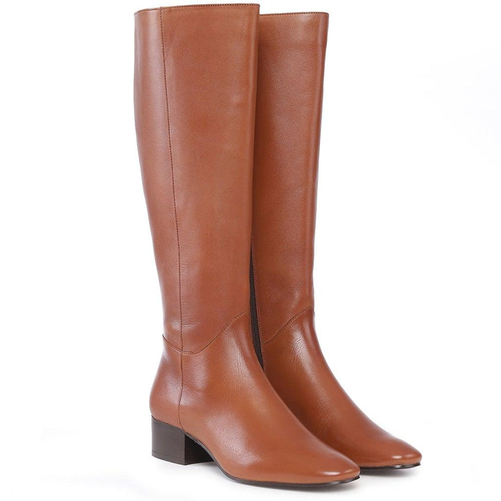Tan leather knee high boots for women UK, pair view showing block heel