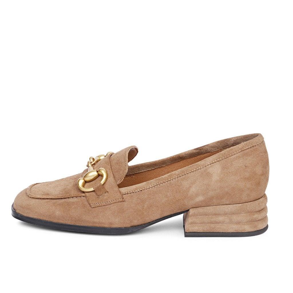Best Ladies Taupe Suede Horsebit Moccasins, Angled Pair View — Women's Shoes UK