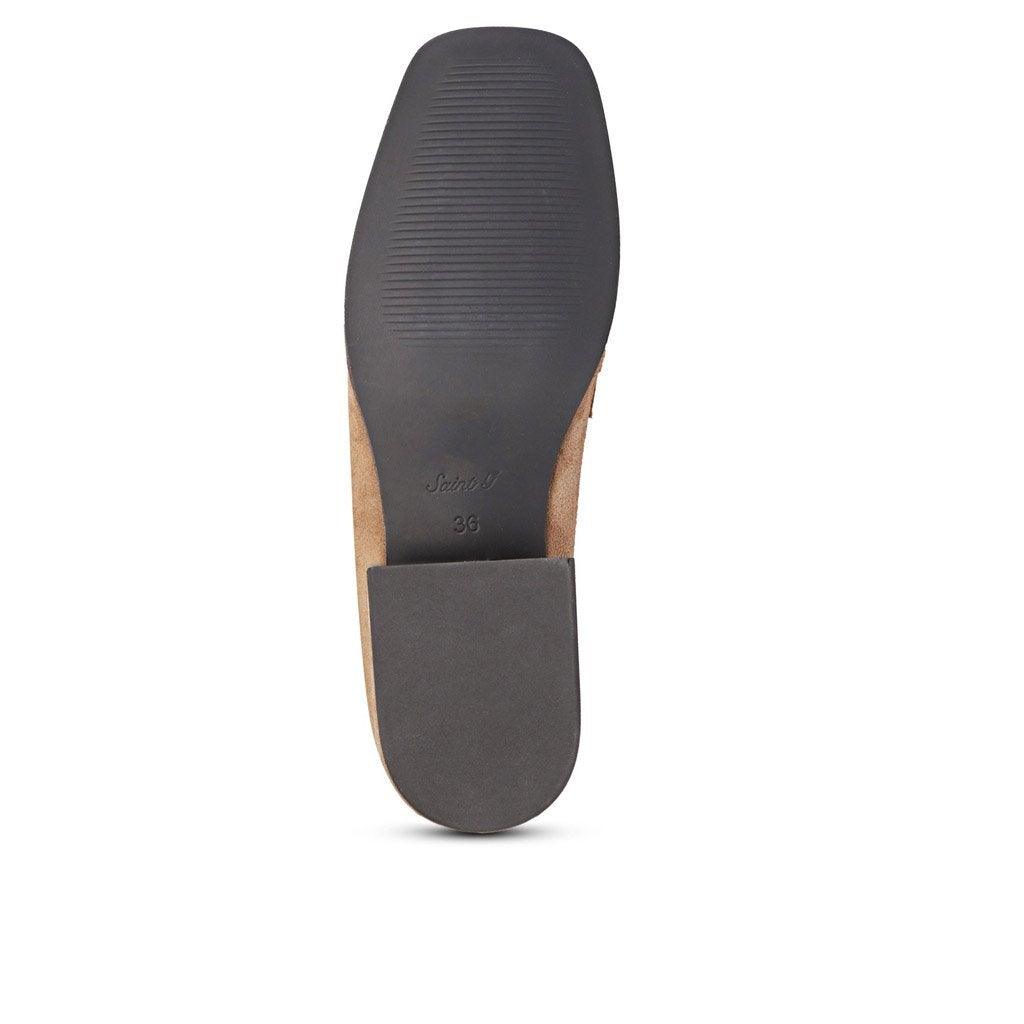 Ladies Taupe Suede Horsebit Detail, Gold Hardware Close-Up — Women's Shoes UK