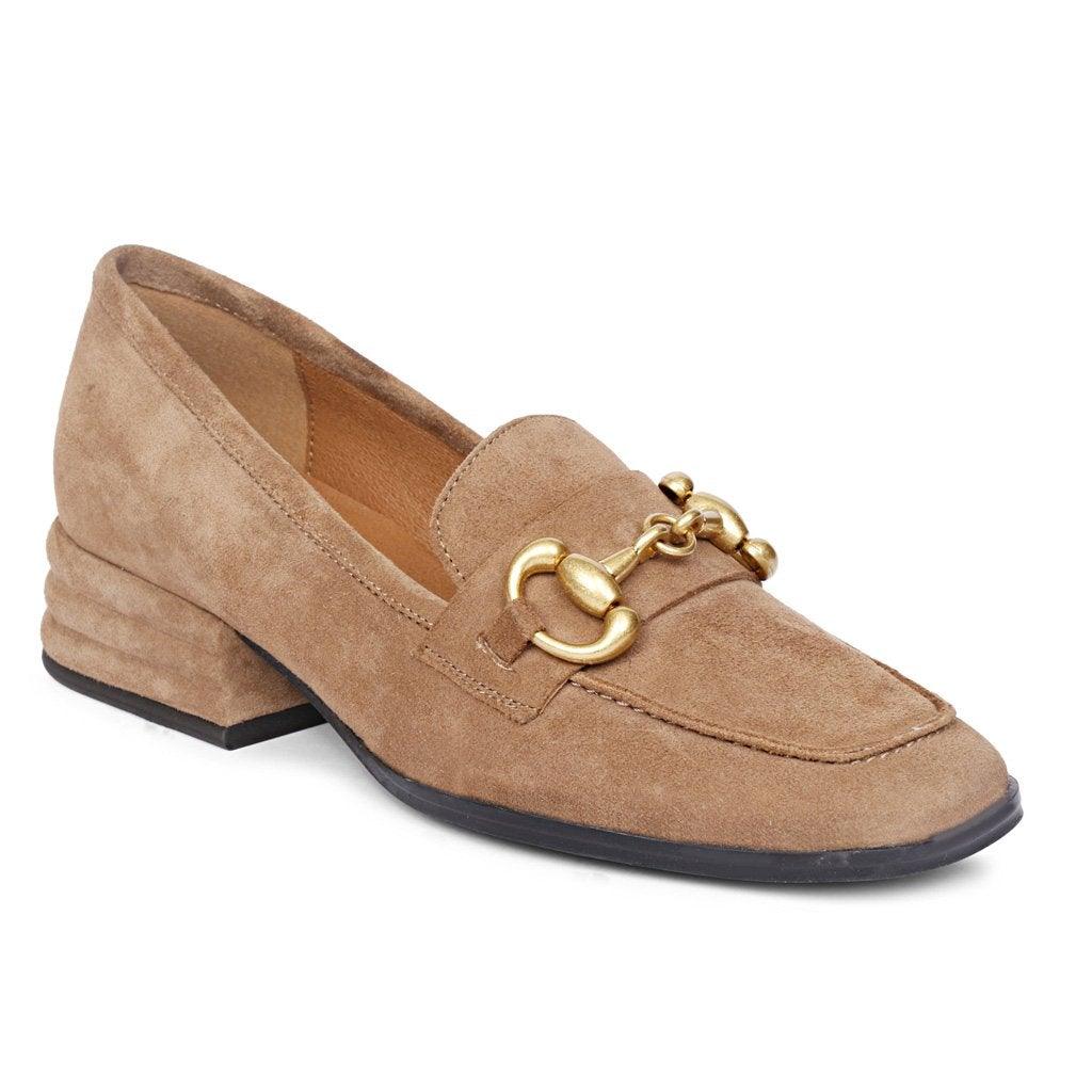 Best Women's Taupe Suede Horsebit Loafers, Front View — Ladies Moccasins UK