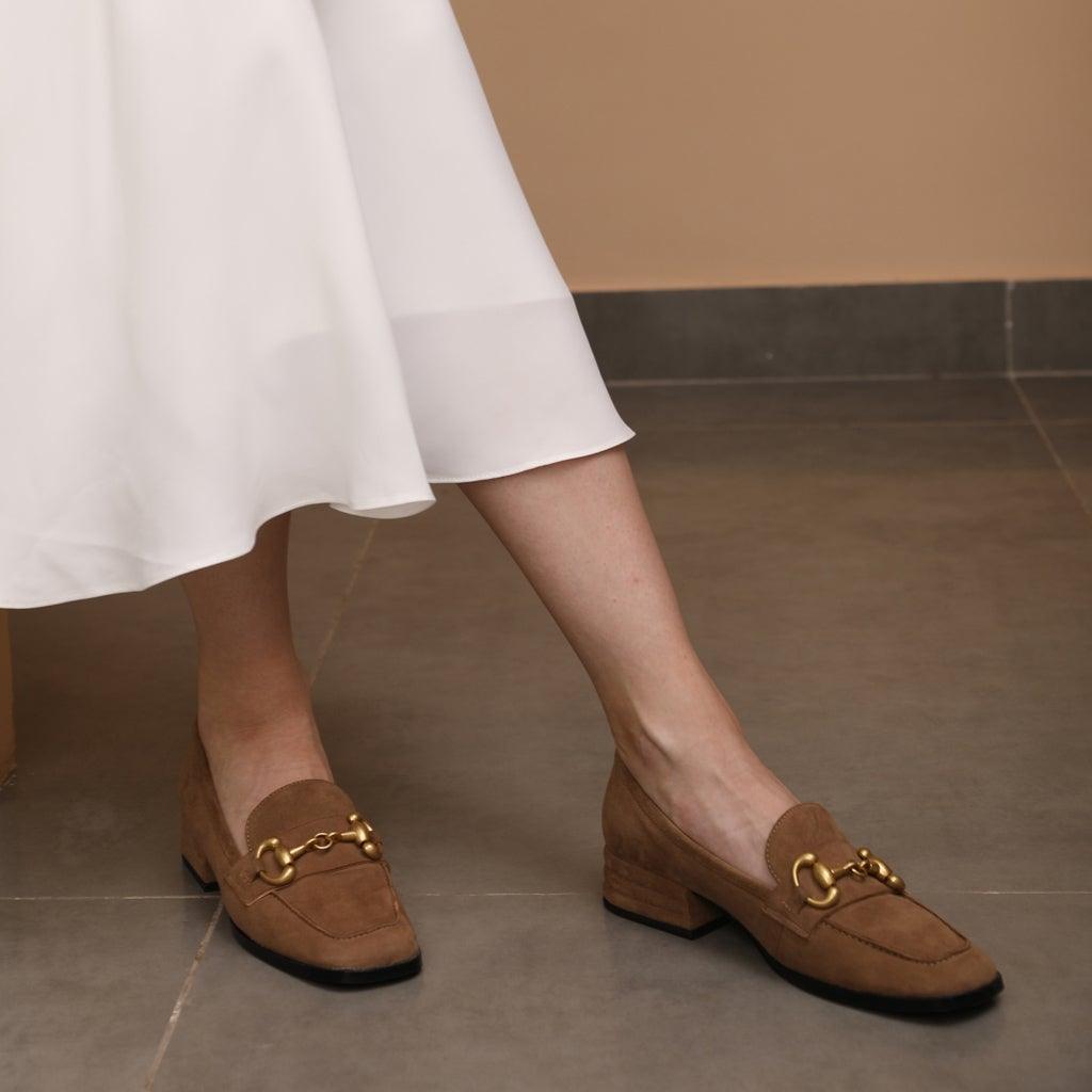 Women's Taupe Suede Horsebit Moccasins, Styled Lifestyle Shot — Best Ladies Shoes UK