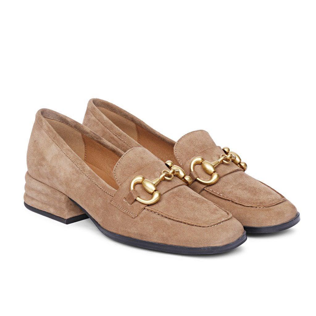 Women's Taupe Suede Loafers, Pair Front View — Best Ladies Moccasins UK